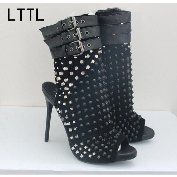 Hot selling rivets studded ankle boots summer open toe ankle strap gladiator sandal boots cutouts woman boots black white