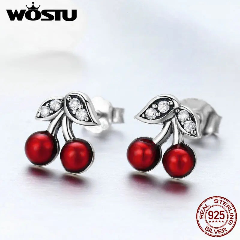 2019 Hot Fashion 925 Sterling Silver Summer Cherry Clear CZ Stud Earrings For Women Authentic Original Silver Jewelry FIE404