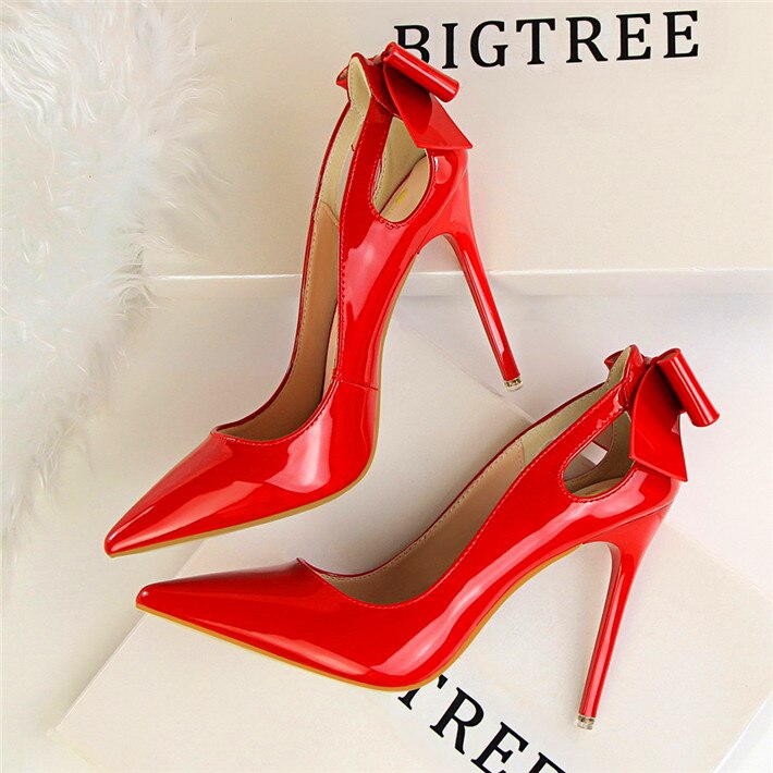 Spring Patent Leather Fashion Bowtie Women's Shoes Back Heel Cut-Outs Sexy Pumps Female High Heels Pointed Toe Dress Party Shoes