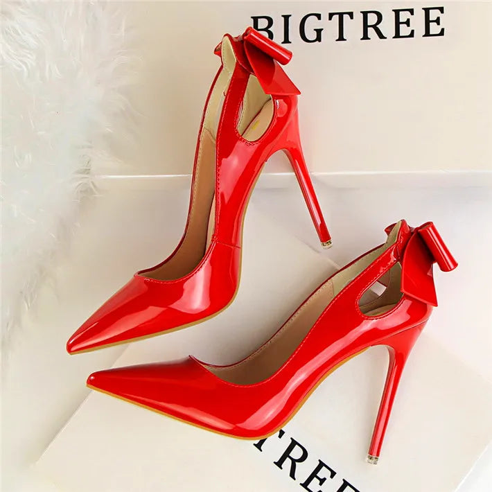 Spring Patent Leather Fashion Bowtie Women's Shoes Back Heel Cut-Outs Sexy Pumps Female High Heels Pointed Toe Dress Party Shoes