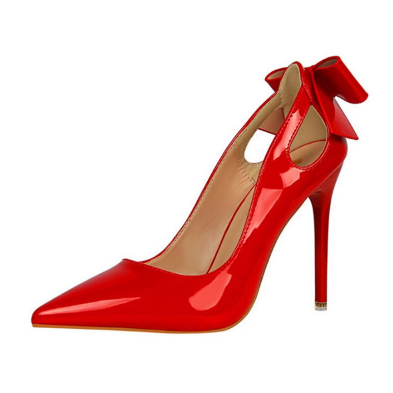Spring Patent Leather Fashion Bowtie Women's Shoes Back Heel Cut-Outs Sexy Pumps Female High Heels Pointed Toe Dress Party Shoes