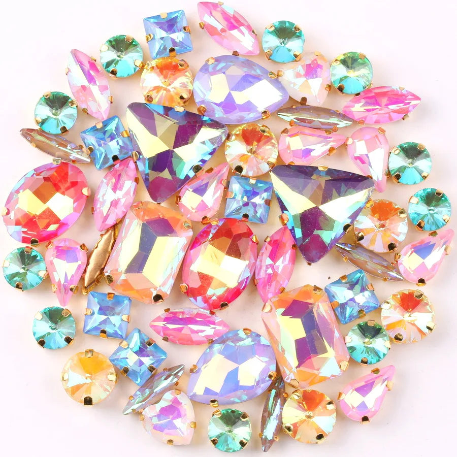 Gold claw settings 50pcs/bag shapes mix  jelly candy white color glass crystal sew on rhinestone wedding dress shoes bags diy