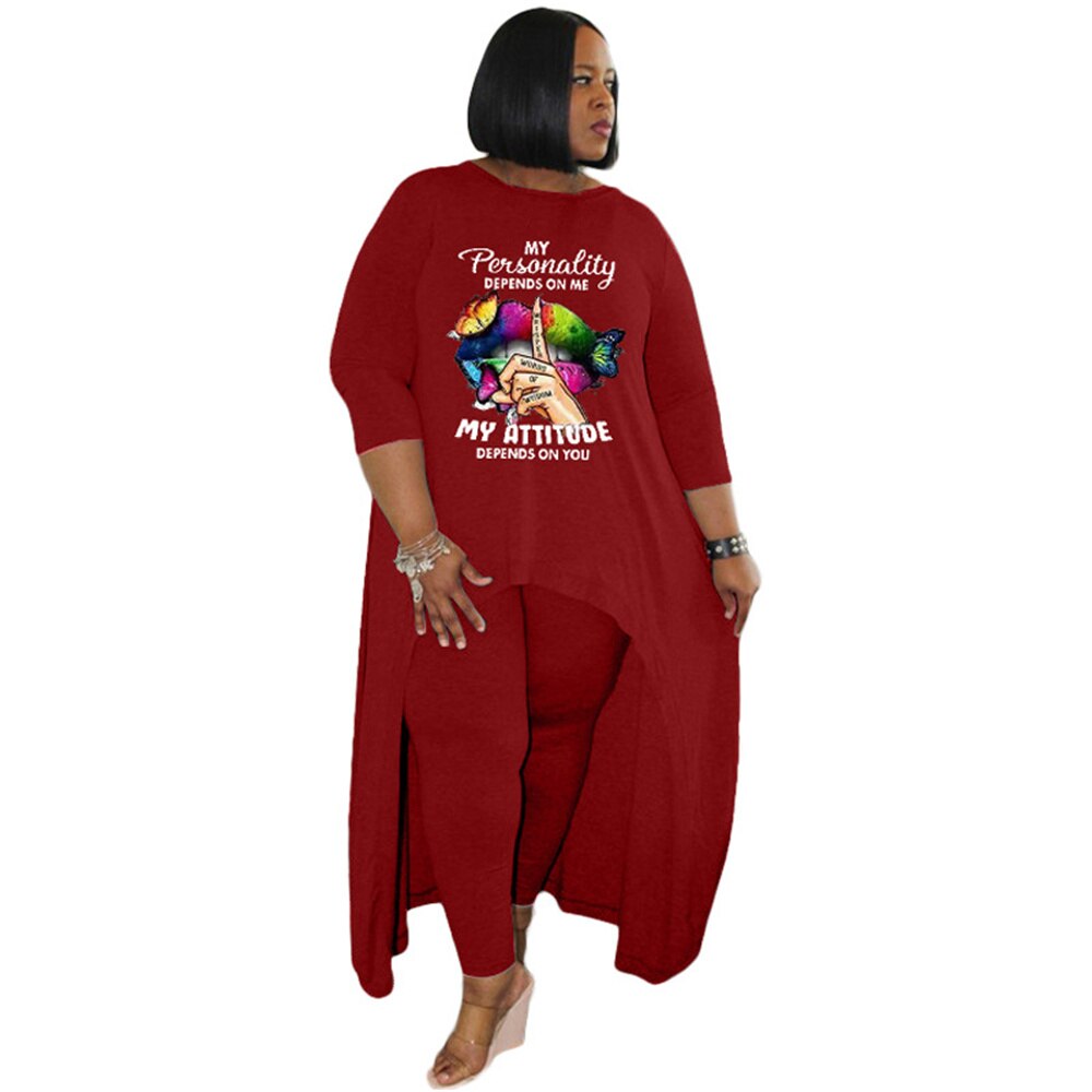 Elegant Plus Size Sets Round Neck Pattern Print Irregular Lose X-long Tops 2 Piece Sets Womens Outfits Wholesale Dropshipping