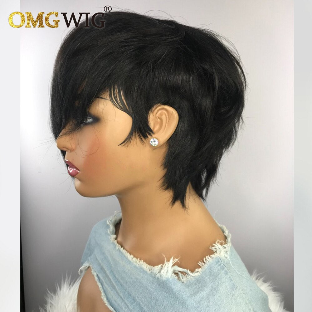 Straight Glueless Short Human Hair Wigs With Bangs Machine Made Brazilian Remy Hair Pixie Cut Wigs For Black Women Cheap Bob Wig