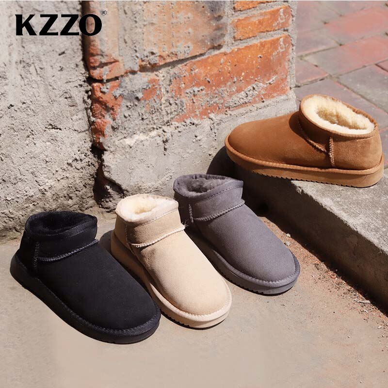 KZZO Mini Ankle Men Snow Boots Sheepskin Leather Natural Fur Wool Lined Winter Warm Non-slip Short Waterproof Australian Classic