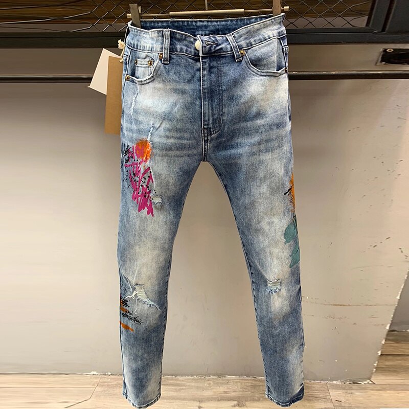 High Quality Brand Hole Patch Slim Skinny Jean Vaqueros Hombre Jean For Men Light Blue Washed Stickers Hip Hop Pant Men Jean