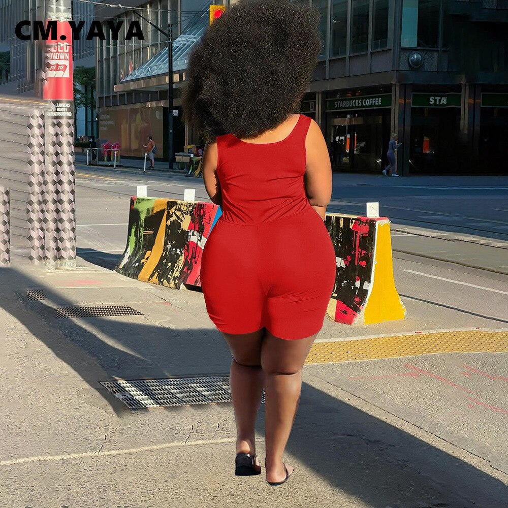 CM.YAYA Women Plus Size Playsuit Solid Sleeveless Drawstring Waist Stretchy Bodycon Playsuits Casual Rompers Summer Outfits 2021