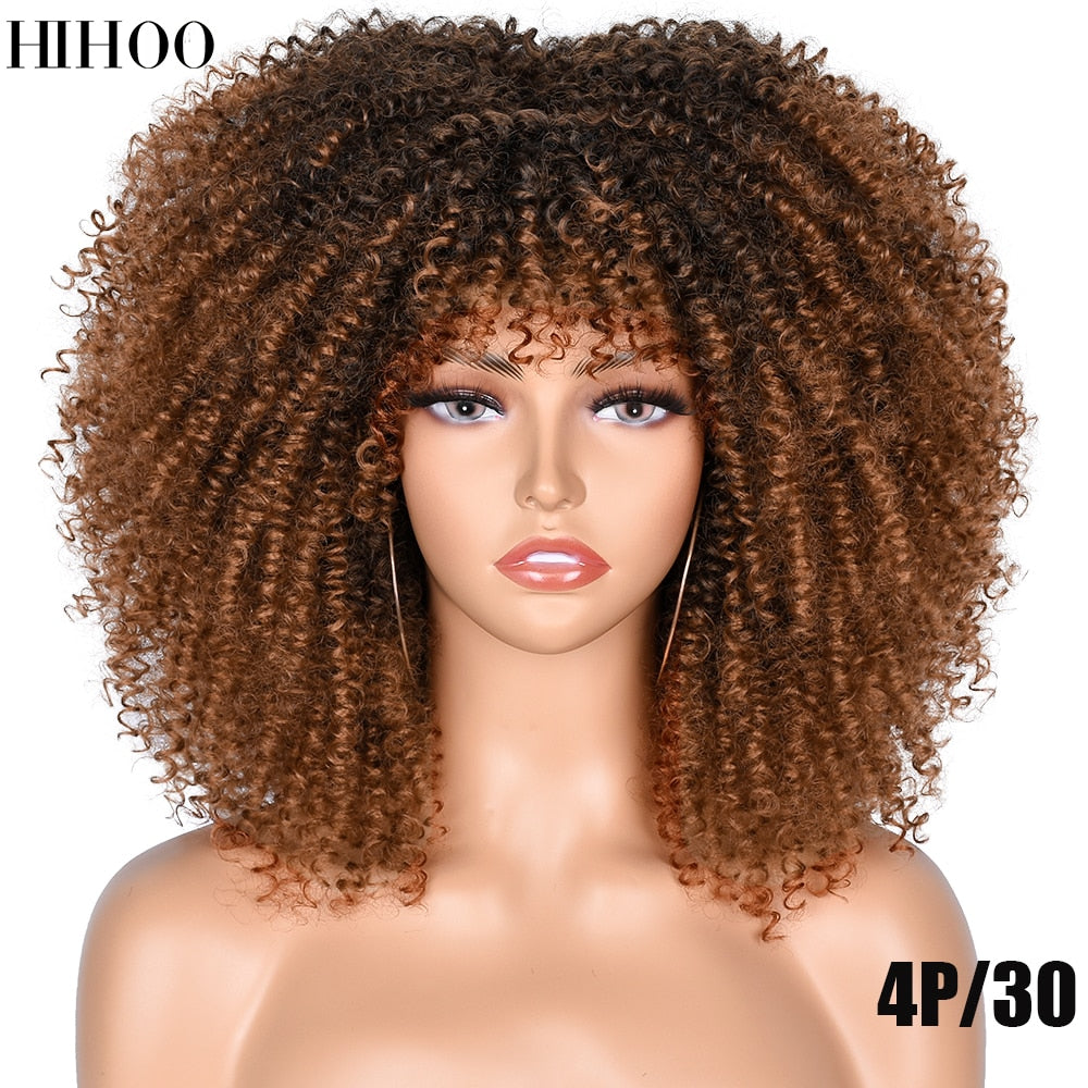 14'' Short Hair Afro Kinky Curly Wigs With Bangs For Black Women Synthetic Natural  Brown Mixed Blonde Wig Party Cosplay Daily