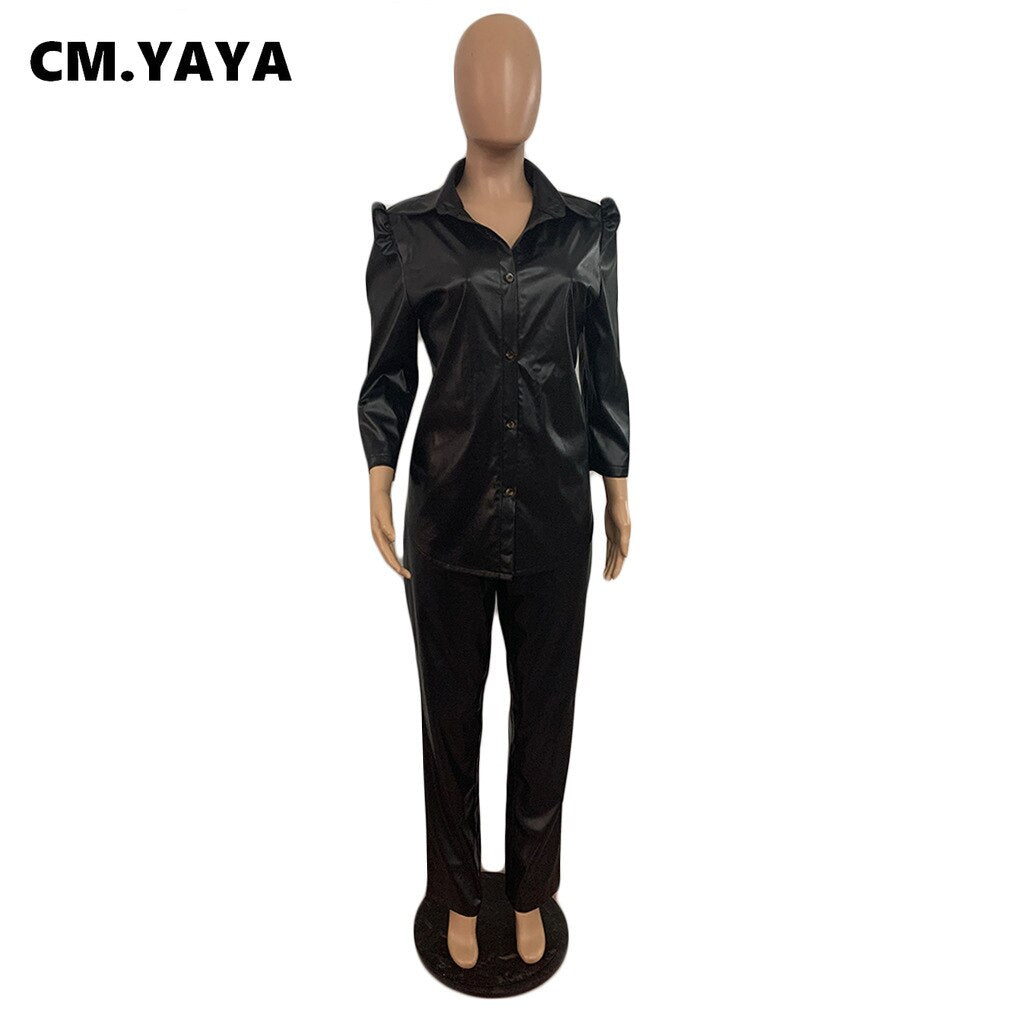 CM.YAYA Women Plus Size PU Set Solid Shirts Tops + Skinny Pants Two 2 Piece Sets Faux Leather Pants Suits Fashion Outfits Autumn