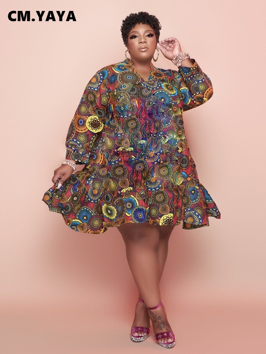 CM.YAYA Women Plus Size Dress Print Full Sleeve O-neck Knee Length Loose Maxi Dresses Sexy Fashion Vestidos Autumn Outfits 2021