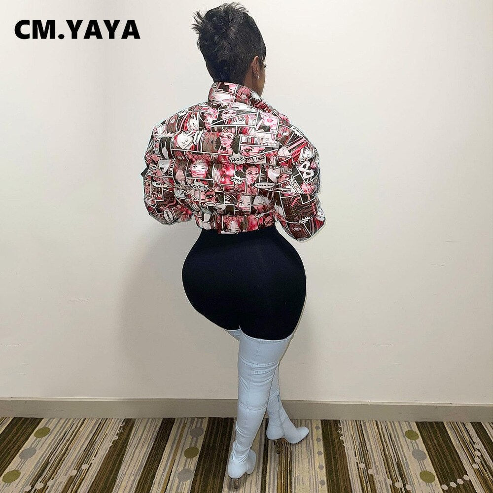 CM.YAYA Winter Women Zipper Fly Cartoon Parkas Jackets Streetwear Full Sleeve Casual Down Wool Coats Outcoats