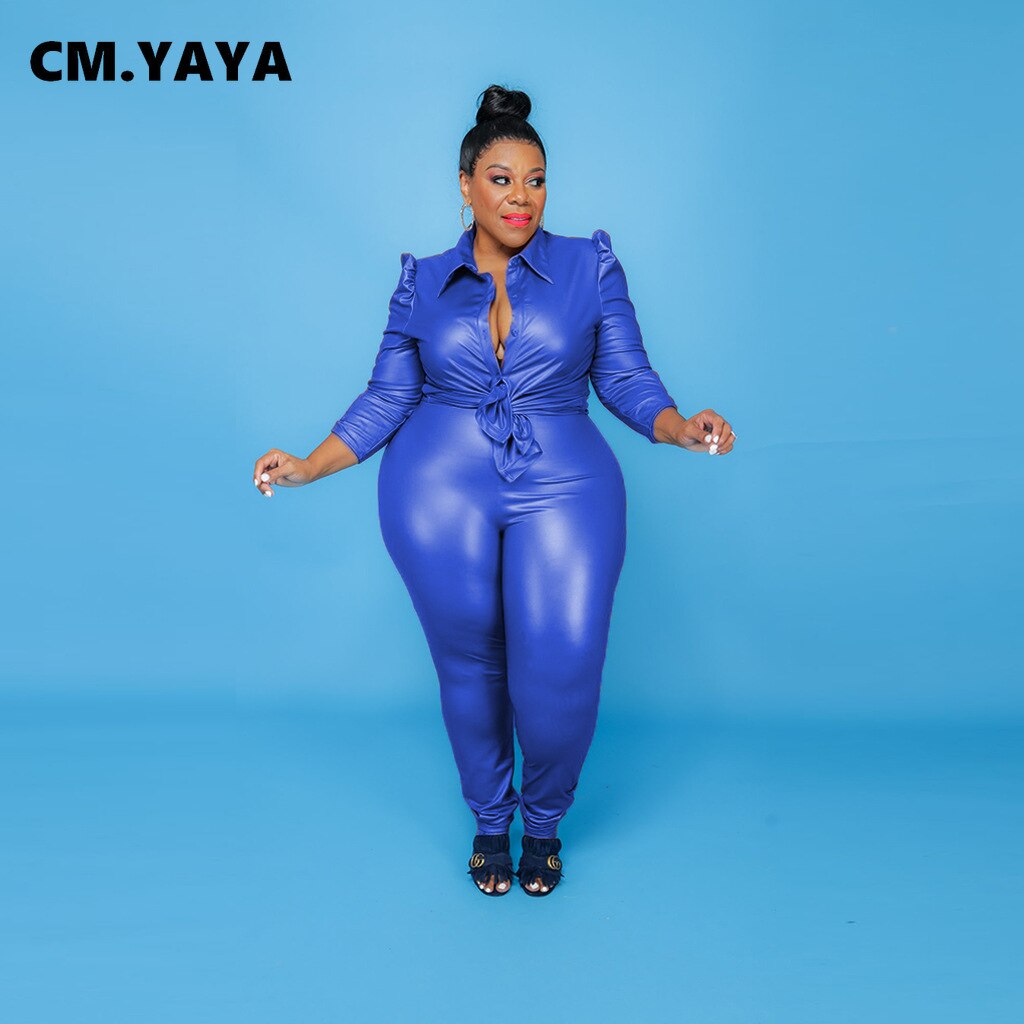 CM.YAYA Women Plus Size PU Set Solid Shirts Tops + Skinny Pants Two 2 Piece Sets Faux Leather Pants Suits Fashion Outfits Autumn