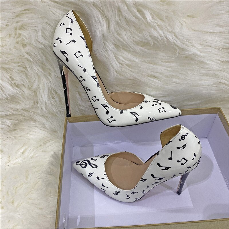 Veowalk Melody Print Women Pointy Toe D‘Orsay Stiletto Pumps Fashion Designer Ladies High Heel Dress Shoes White Plus Size 33-45