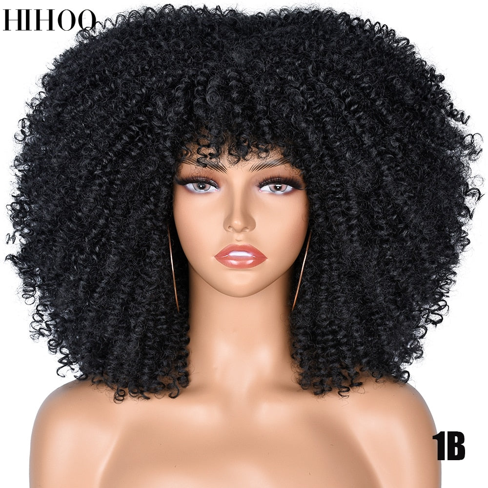 14'' Short Hair Afro Kinky Curly Wigs With Bangs For Black Women Synthetic Natural  Brown Mixed Blonde Wig Party Cosplay Daily