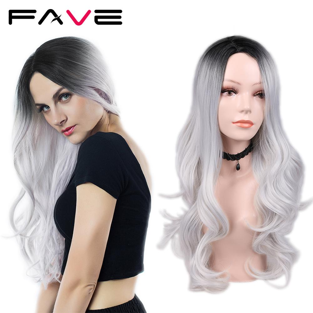 FAVE Long Wavy Wigs Ombre Gray To Watermelon Red Black Grey Purple Blue Brown Synthetic Hair For Black White Women Cosplay Party