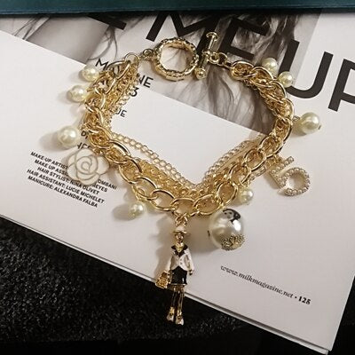 Korean Design Style Crystal Five Chain Bracelet For Women Pearl Flower Charm Jewelry