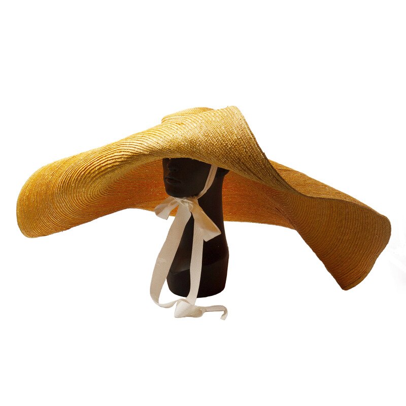 Custom 100cm Wide Brim Oversized Beach Hat For Women Yellow Natural Straw Hat UV Protection Foldable Designer Luxury Catwalk Hat