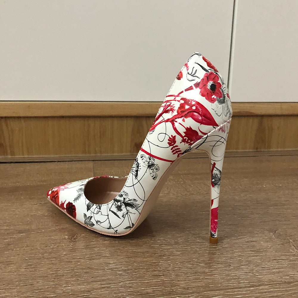 Veowalk Flowers Print Women Patent Leather Pointed Toe Stiletto Pumps 8cm 10cm 12cm High Heel Party Shoes US Size 10 11 12