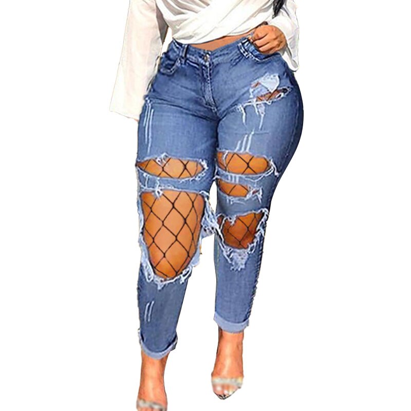 Plus Size Ripped Holes Hollow Out Mesh Stretchy Skinny Jeans 3XL Vintage Slit Pantalones288 Mujer Blue Denim Pencil Pants
