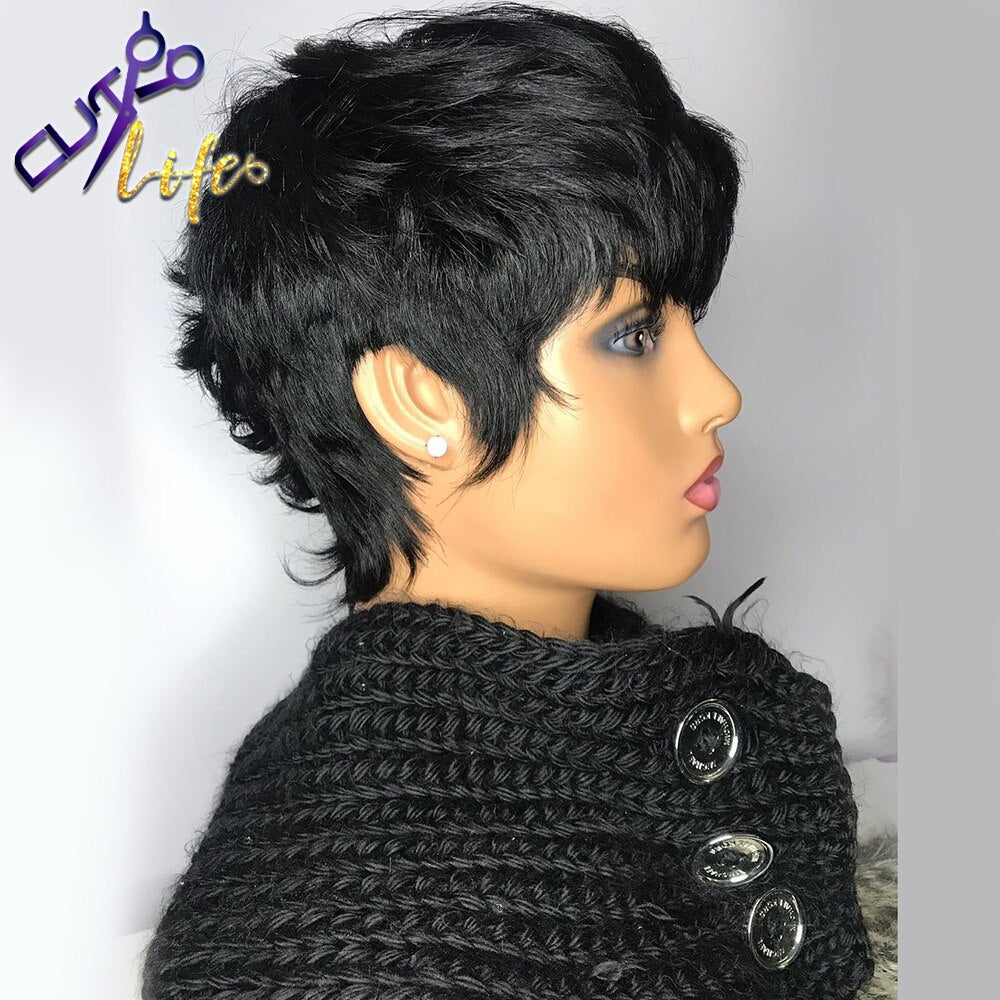Short Wavy Bob Pixie Cut Full Machine Made Natural Cheap Non Lace Human Hair Wigs With Bangs For Black Women Remy Brazilian Hair