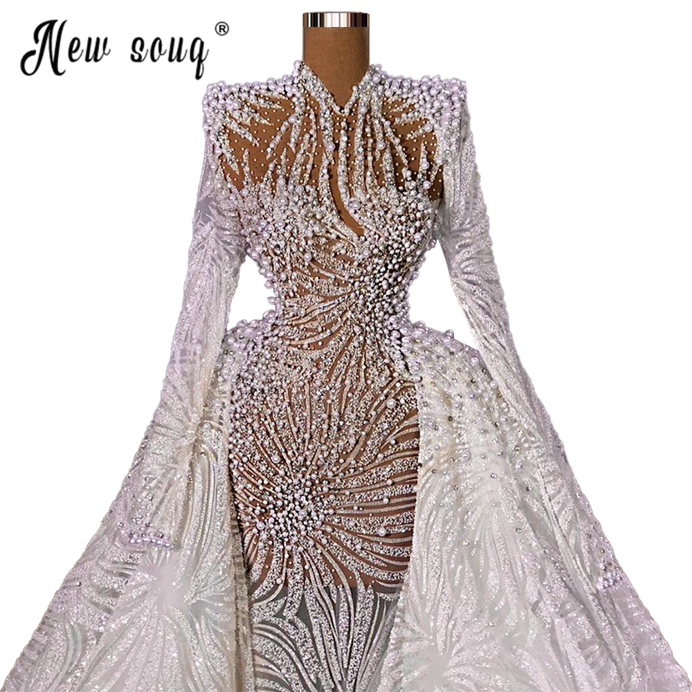 2 in 1 Detachable Train Mermaid Wedding Dresses High-Neck  Pearls Bridal Dress Long Sleeve Wedding Gowns Vestidos De Noiva