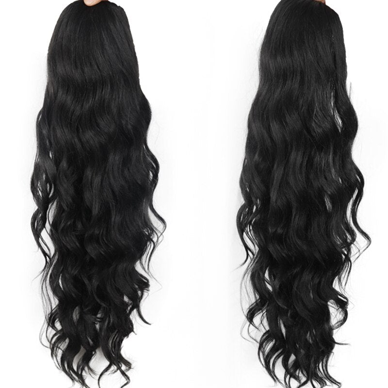 MerisiHair Synthetic Ponytail Extension Long Black Drawstring Wavy Ponytail Hair African American for Women Body Wavy Ponytail