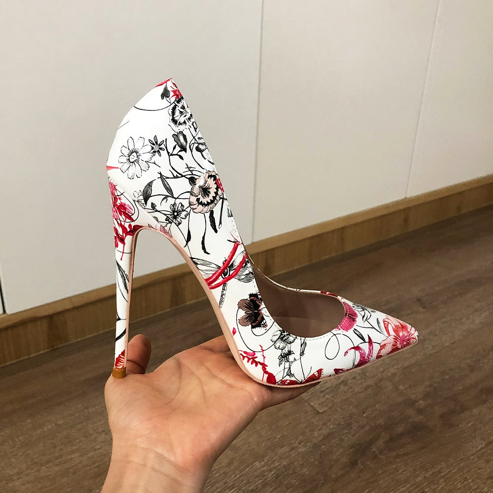 Veowalk Flowers Print Women Patent Leather Pointed Toe Stiletto Pumps 8cm 10cm 12cm High Heel Party Shoes US Size 10 11 12
