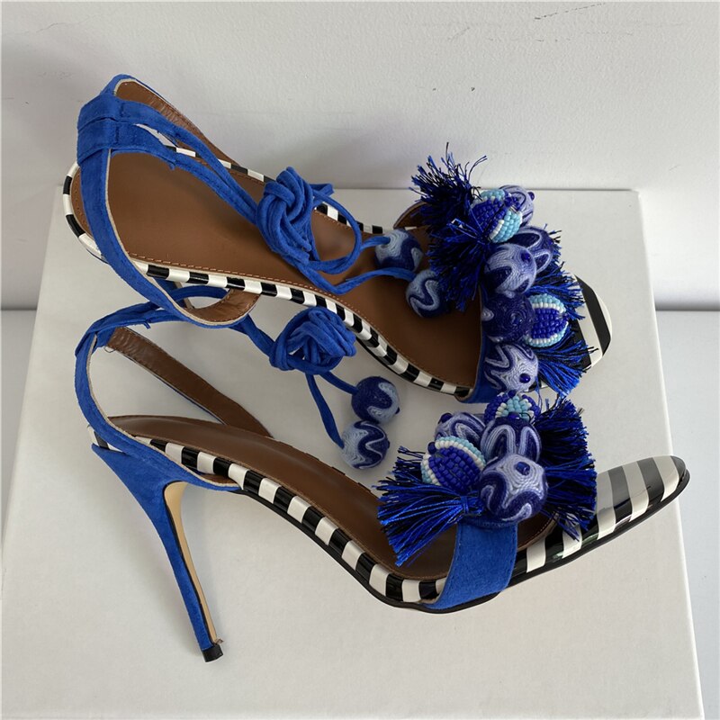 Wool Knitting Ball Tassels Sandals Women Ankle Wrap Striped Color Fringed Pompoms Stiletto Heel Suede Party Shoes Woman
