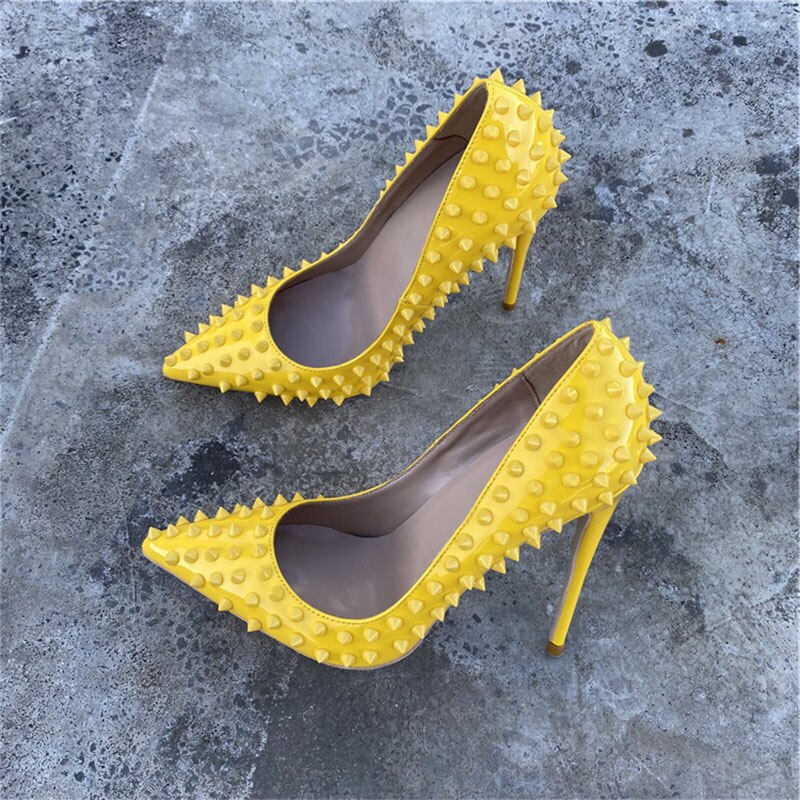 Heelgoo Yellow Women Sexy Spikes Pointy Toe High Heel Club Party Shoes Designer Classic Stiletto Pumps 8cm 10cm 12cm Customize