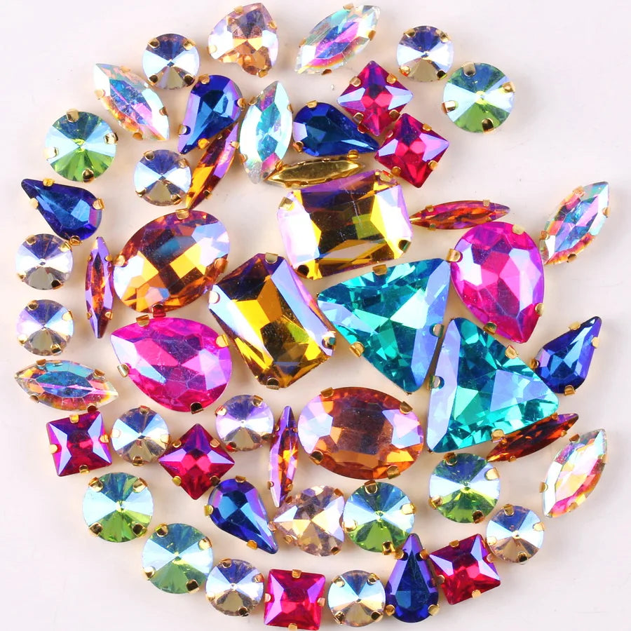 Gold claw settings 50pcs/bag shapes mix  jelly candy white color glass crystal sew on rhinestone wedding dress shoes bags diy