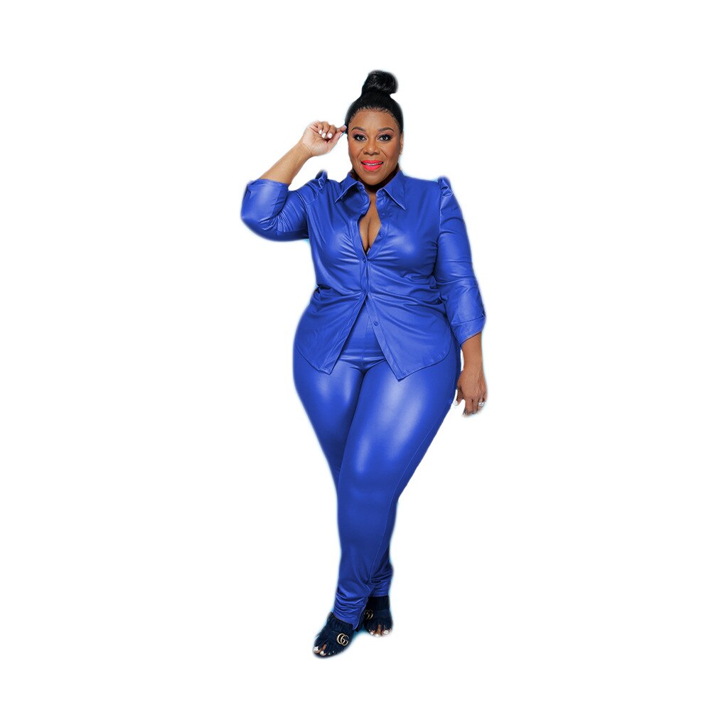 CM.YAYA Women Plus Size PU Set Solid Shirts Tops + Skinny Pants Two 2 Piece Sets Faux Leather Pants Suits Fashion Outfits Autumn
