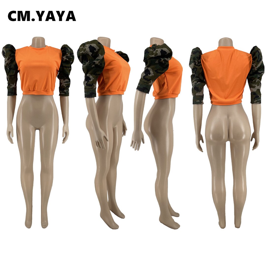 CM.YAYA Women Camouflage Half Length Pull Sleeve O-neck Patchwork Mini T-shirt Tops