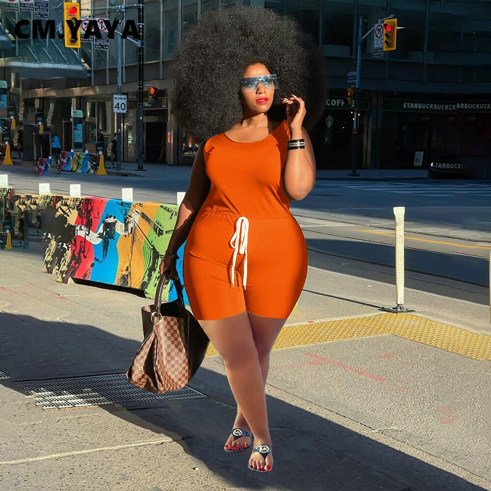 CM.YAYA Women Plus Size Playsuit Solid Sleeveless Drawstring Waist Stretchy Bodycon Playsuits Casual Rompers Summer Outfits 2021