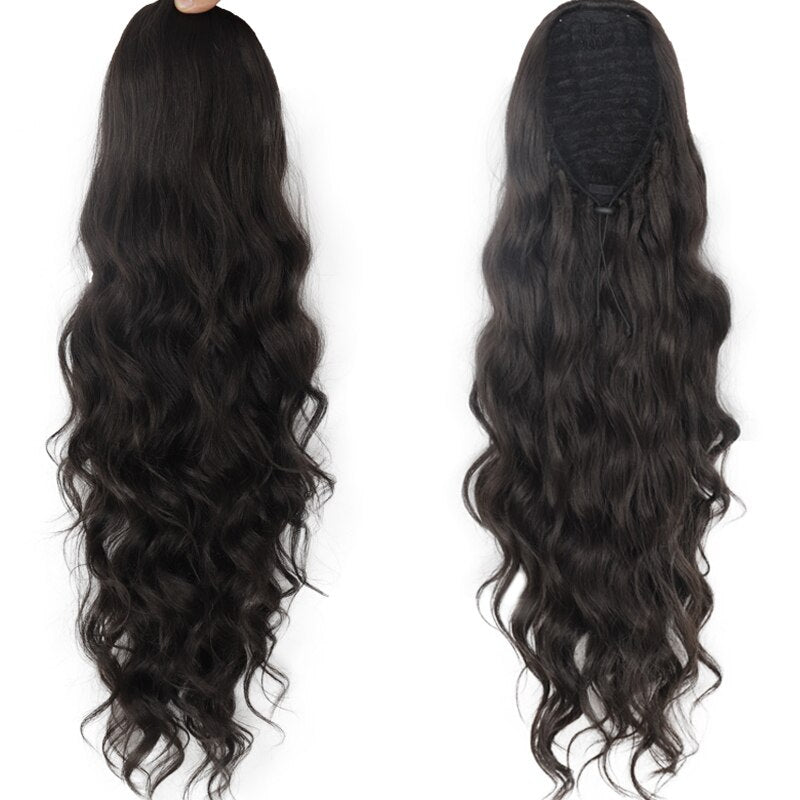 MerisiHair Synthetic Ponytail Extension Long Black Drawstring Wavy Ponytail Hair African American for Women Body Wavy Ponytail