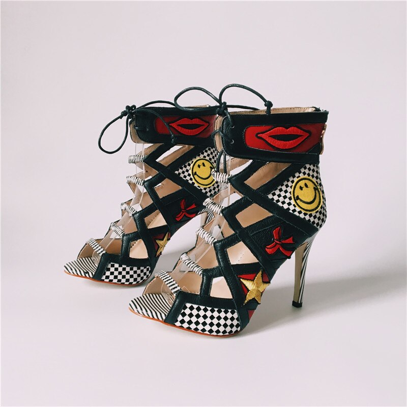2020 Real Photos Women Summer Sandals Colorful Embroider High Heels Sandalias Fashion Zapatos Mujer Lace Up Pumps Prom Booties