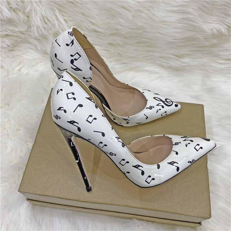 Veowalk Melody Print Women Pointy Toe D‘Orsay Stiletto Pumps Fashion Designer Ladies High Heel Dress Shoes White Plus Size 33-45