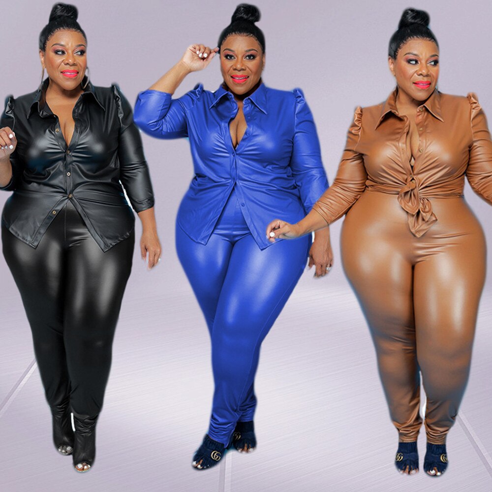 Plus Size Women Clothing PU Two Pieces Sets Office Lay Long Sleeve Top Trousers Solid Fashion New Outfits Wholesale Dropshipping