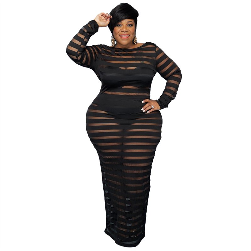 Plus Size Dresses Fall Clothes for Women Long Sleeve Lace Maxi Dress Mesh Backless Sexy Black Party Dress Wholesale Dropshipping