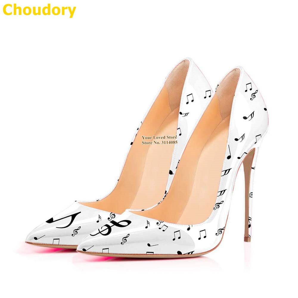 Choudory White Black Music Notes Printed High Heel Shoes 12cm Stiletto Heels Pointed Toe Patchwork Slip-on Wedding Pumps Size45