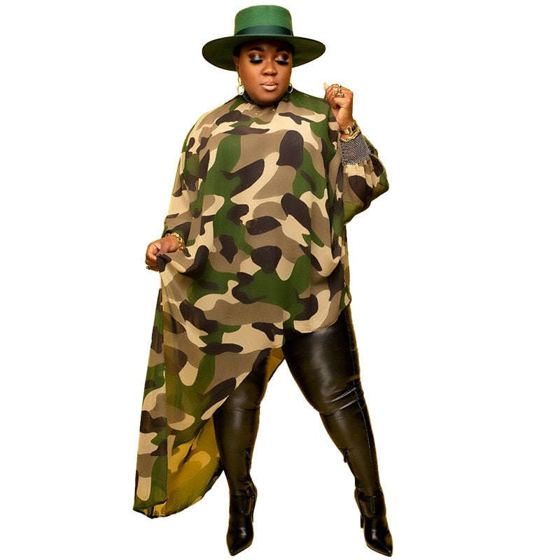 Plus Size Tops L-4xl Wholesale Long Sleeve Shirts for Women Camouflage Loose Casual Irregular Hem Polyester Blouses Dropshipping