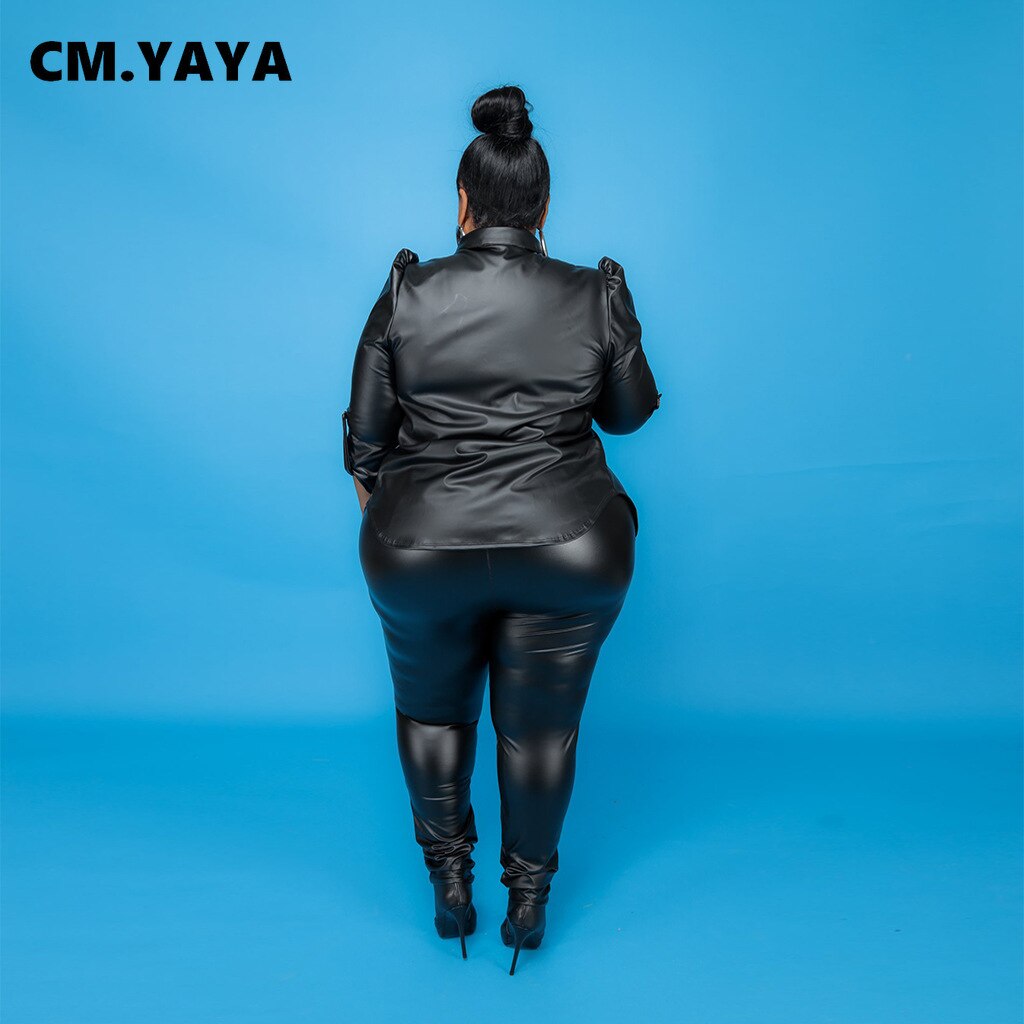 CM.YAYA Women Plus Size PU Set Solid Shirts Tops + Skinny Pants Two 2 Piece Sets Faux Leather Pants Suits Fashion Outfits Autumn