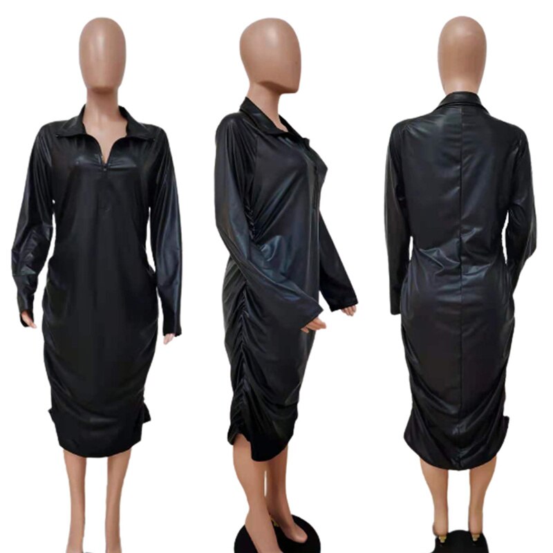 Plus Size Dresses Zipper Sexy Black Dress Clubwear Stretchy Leather Long Sleeve Midi Dress Bodycon Wholesale Dropshipping