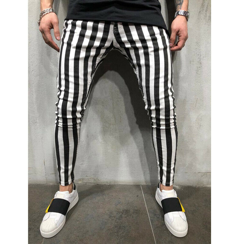 Hirigin 2019 New Men's Summer Fashion Slim Comfortable Striped Plaid Black White Casual Pencil Pants Men Clothes