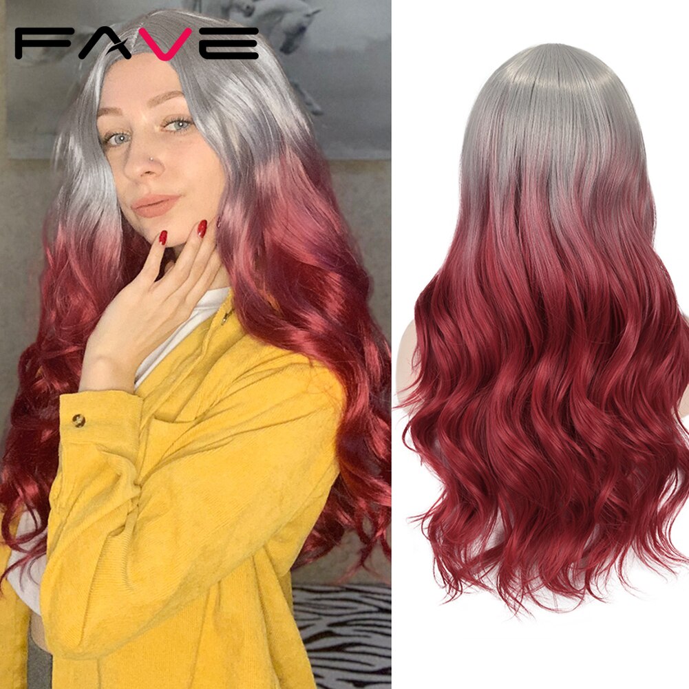 FAVE Long Wavy Wigs Ombre Gray To Watermelon Red Black Grey Purple Blue Brown Synthetic Hair For Black White Women Cosplay Party