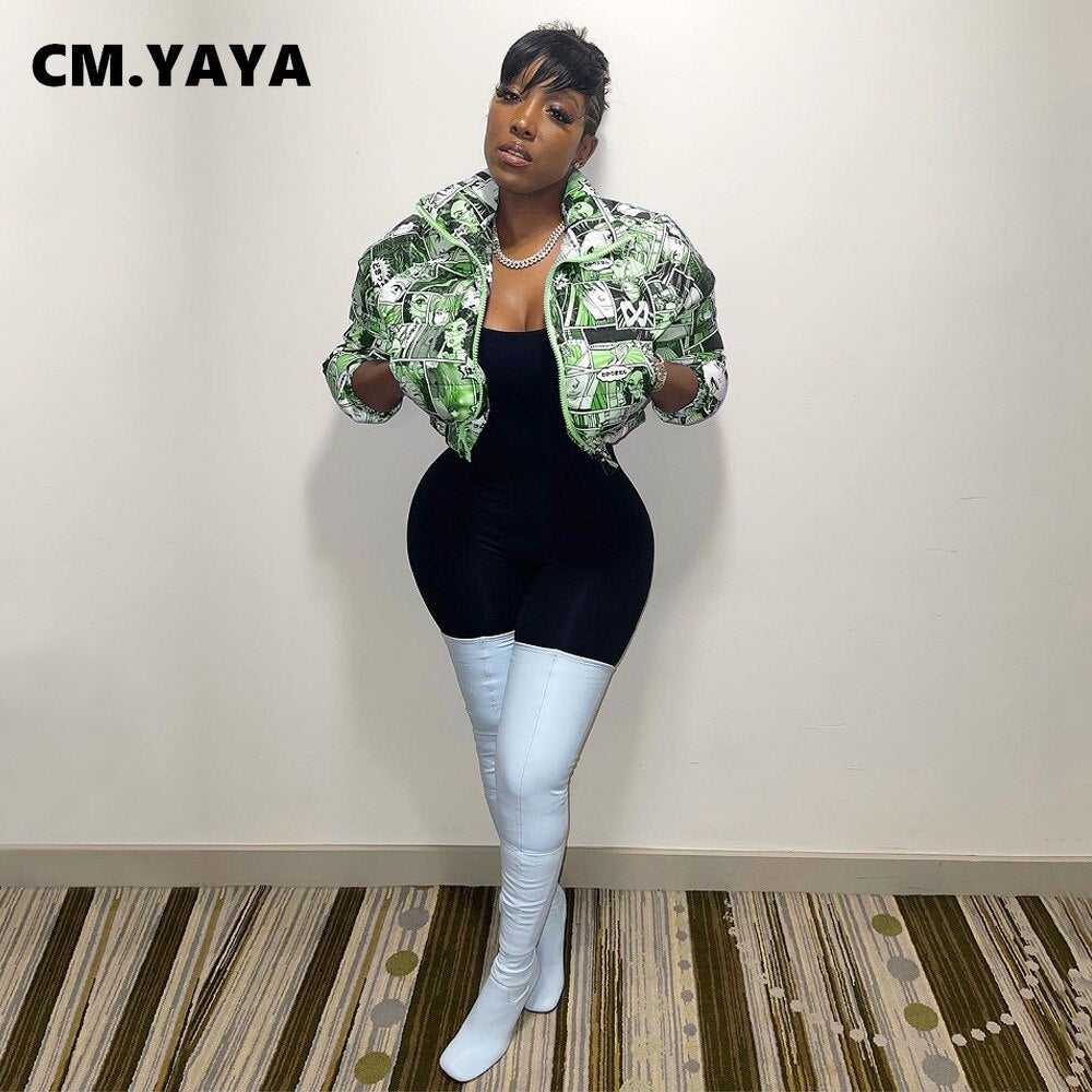 CM.YAYA Winter Women Zipper Fly Cartoon Parkas Jackets Streetwear Full Sleeve Casual Down Wool Coats Outcoats