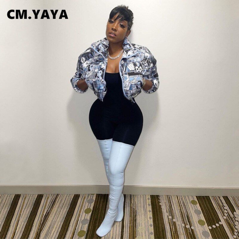 CM.YAYA Winter Women Zipper Fly Cartoon Parkas Jackets Streetwear Full Sleeve Casual Down Wool Coats Outcoats