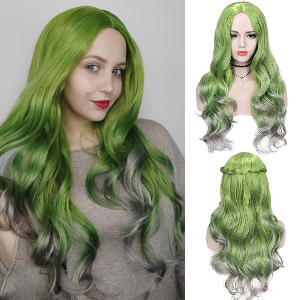 FAVE Long Wavy Wigs Ombre Gray To Watermelon Red Black Grey Purple Blue Brown Synthetic Hair For Black White Women Cosplay Party