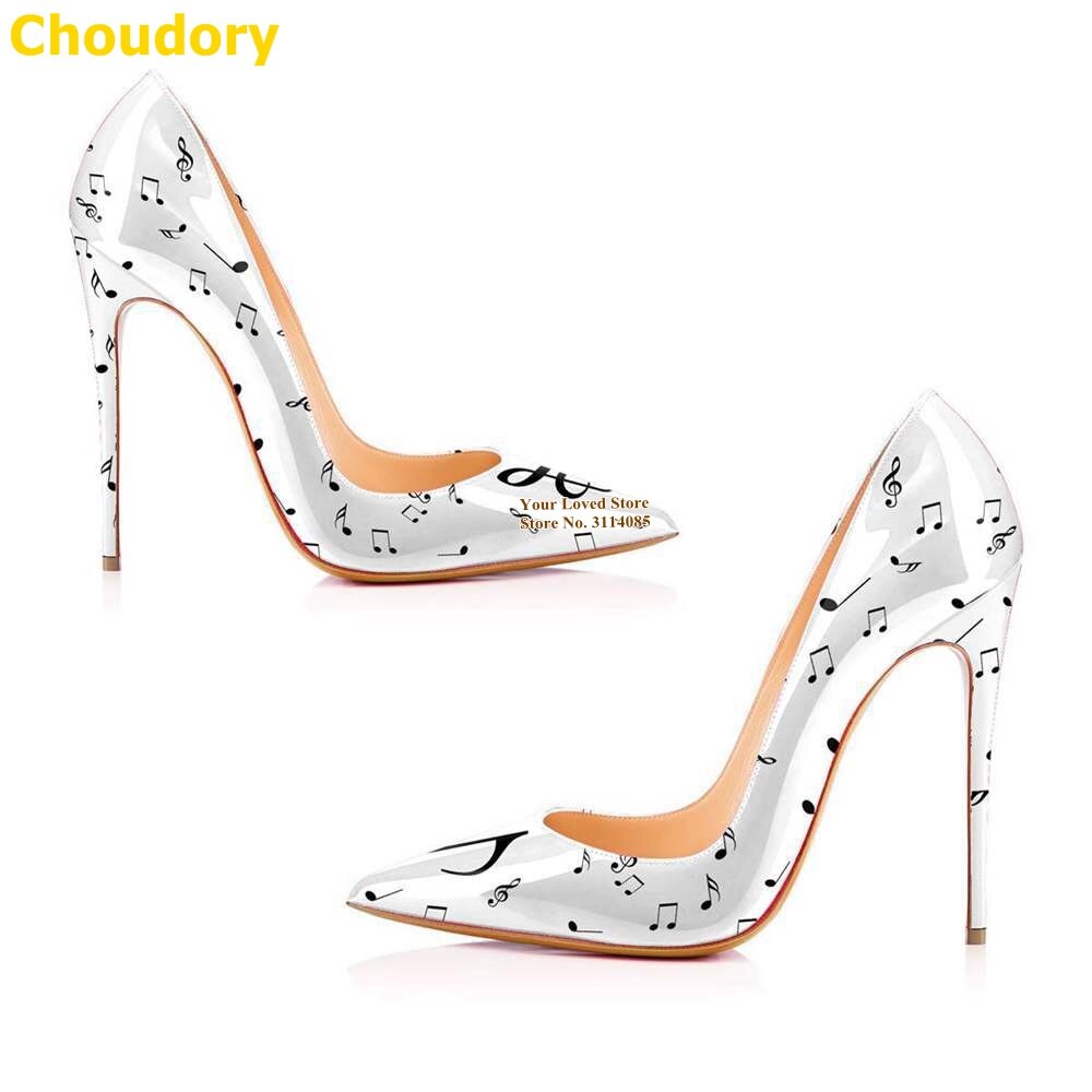 Choudory White Black Music Notes Printed High Heel Shoes 12cm Stiletto Heels Pointed Toe Patchwork Slip-on Wedding Pumps Size45