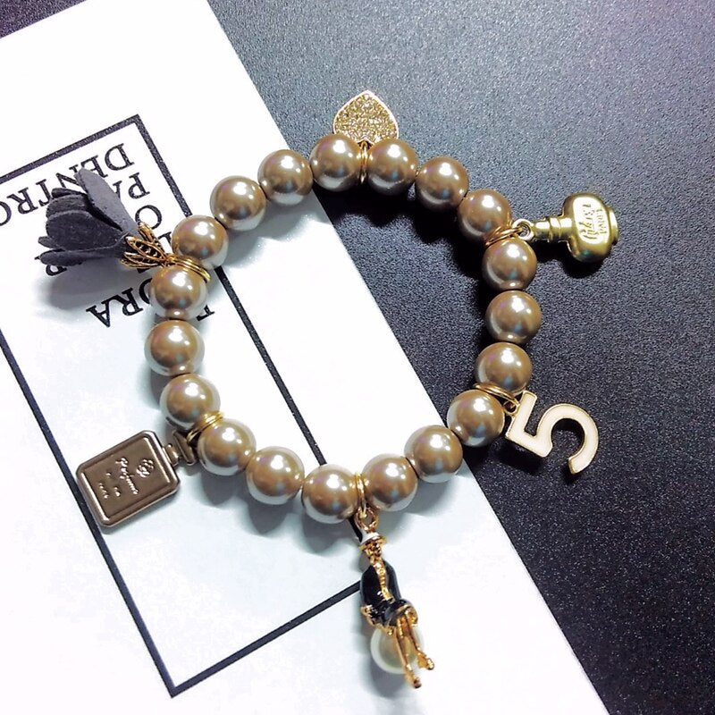 Korean Design Style Crystal Five Chain Bracelet For Women Pearl Flower Charm Jewelry