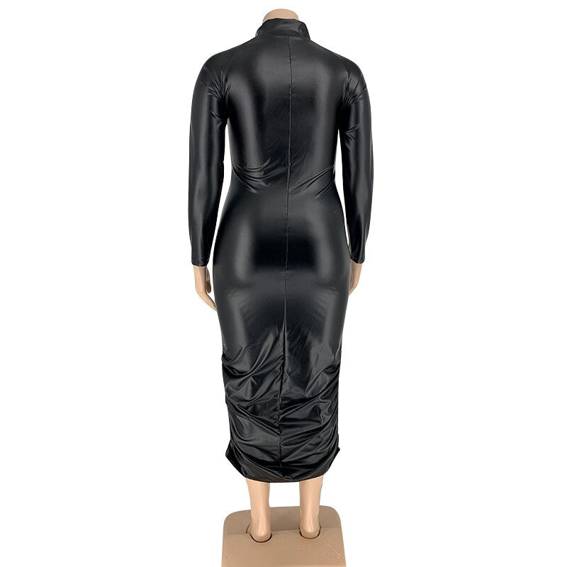 Plus Size Dresses for Women Zip Up Stretchy Long Sleeve Midi Dress Casual Black Punk Pu Leather Dress Wholesale Dropshipping